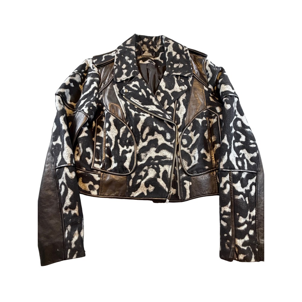 Diane von Furstenberg Leather Trim Moto Jacket Silver Black Abstract Print 12